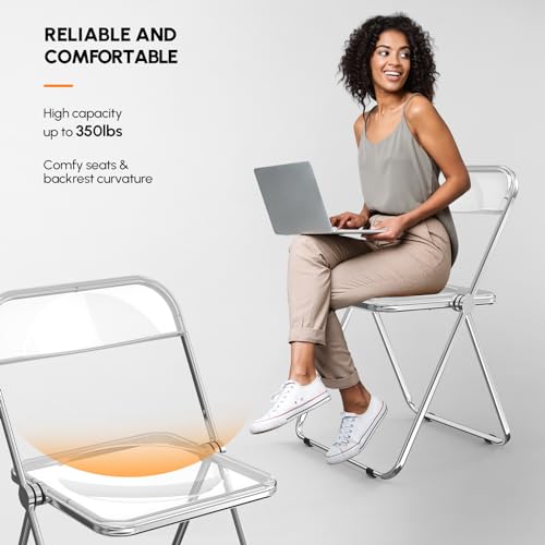 VINGLI Acrylic Folding Chairs 2 Pack, Clear Chair Foldable and Stackable, Plastic Panel & Metal Chrome Frame, Weight Capacity 350 lbs, Transparent