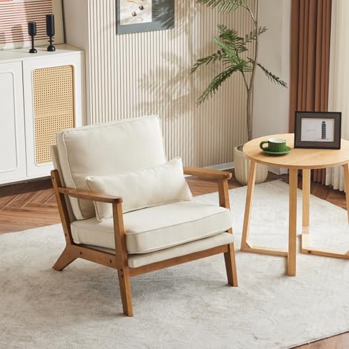 VINGLI Solid Wood Wide Armrests Accent Chair,Upholstered Mid Century Modern Chair with Pillow,Comfy Reading Chair Farmhouse Arm Chair,Chairs Living Room,Bedroom,Guest Room,Linen Fabric,Beige