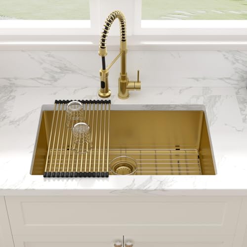 Sarlai Gold Undermount Kitchen Sink - 28 Inch Kitchen Sink Undermount Gold Stainless Steel Single Bowl 28