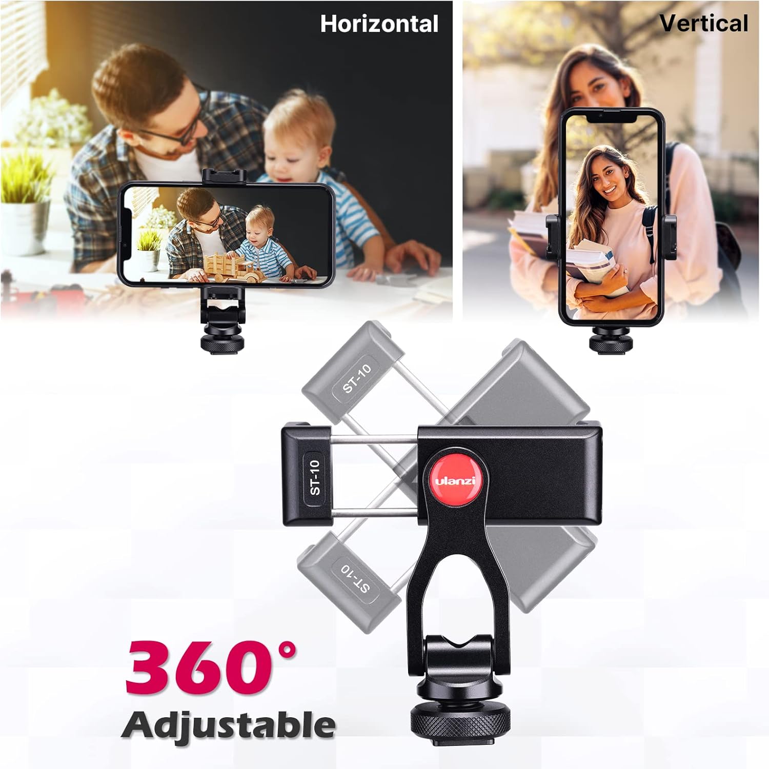 ULANZI Metal Phone Tripod Mount ST-10, Universal 360° Smartphone Adapter with 2 Cold Shoe Mount, Adjustable Cell Phone Clamp Stand Holder, Compatible with iPhone, Samsung Galaxy and All Phones