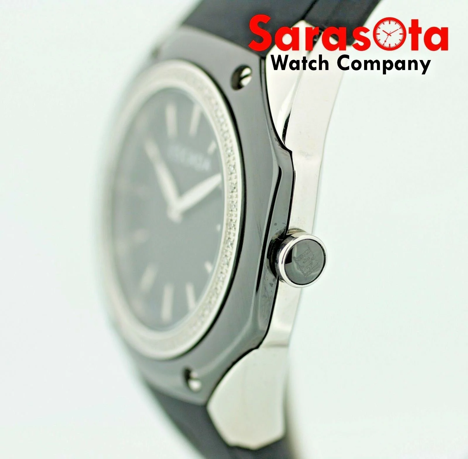 ESCADA Naomi Black Ceramic Steel Case Diamond Bezel Rubber Quartz Wrist Watch