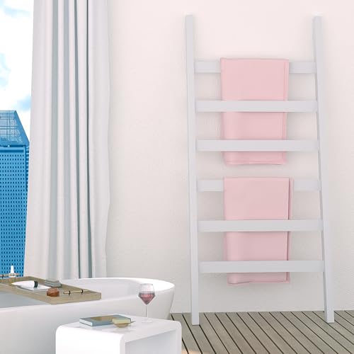 Blanket Ladder, 6 Tier Blanket Holder, 68.9 Inch Tall Blanket Rack, Ladder Shelf Against The Wall, Rustic Bamboo Quilt Rack Stand in Bathroom, Living Room, Bedroom, White
