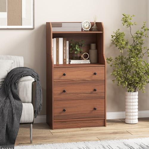 LOKO 3 Drawers Dresser with Shelves, Tall Nightstand with 2 Open Shelves, Modern Chest of Drawers with Anti-Toppling Device, Utility Storage Dresser for Living room, Bedroom, Closet, Entryway (Walnut)