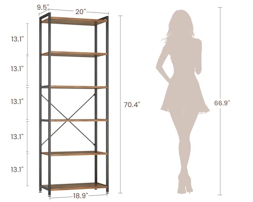 Casaottima Book Shelf, 6 Tier Tall Bookshelf, Modern Wood Bookcase Shelves for Bedroom, Industrial Display Shelf for Living Room Home Office Kitchen, Standing Shelving Unit Storage Organizer, Vintage