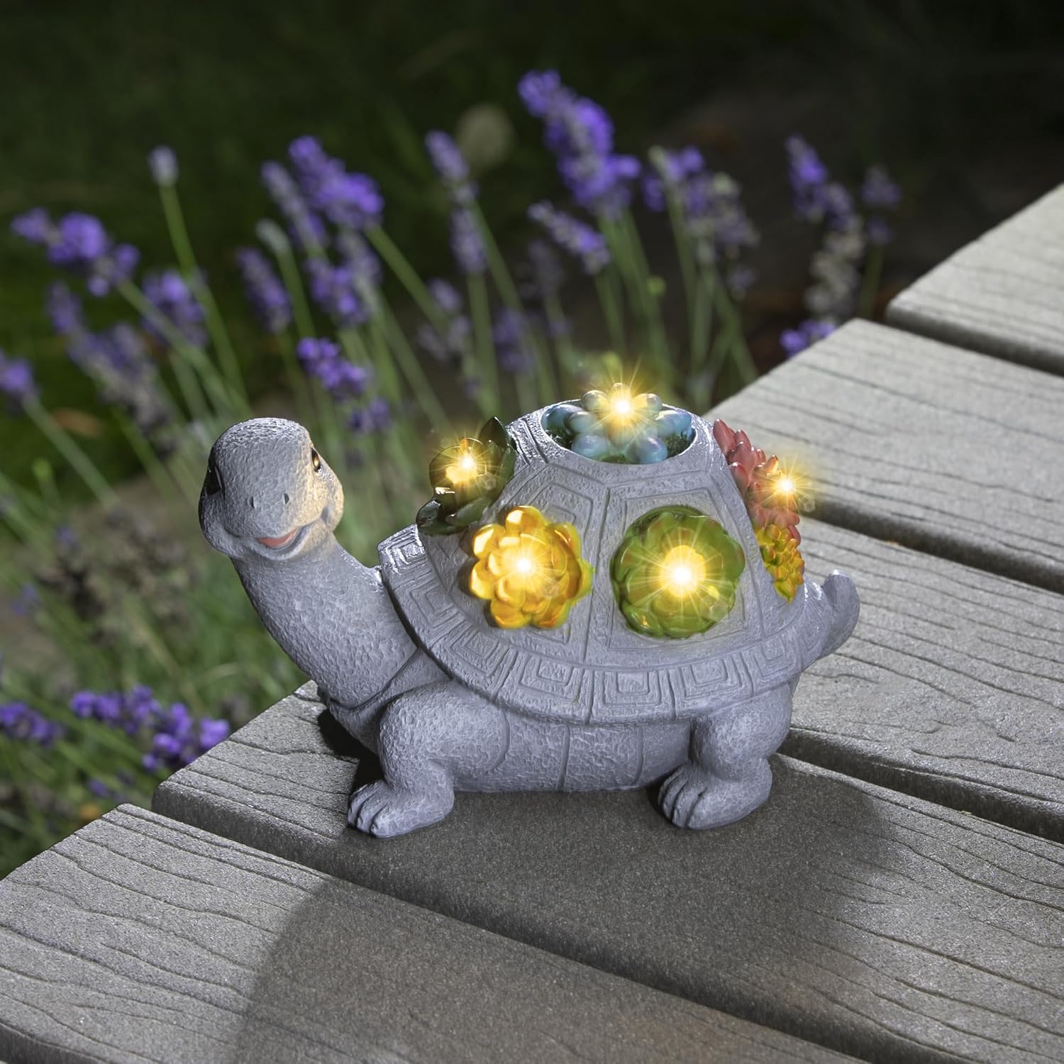 Solar Turtle Garden Statue with Flower Lights, Outdoor Decorative Planter for Home and Yard, Lighted Turtle