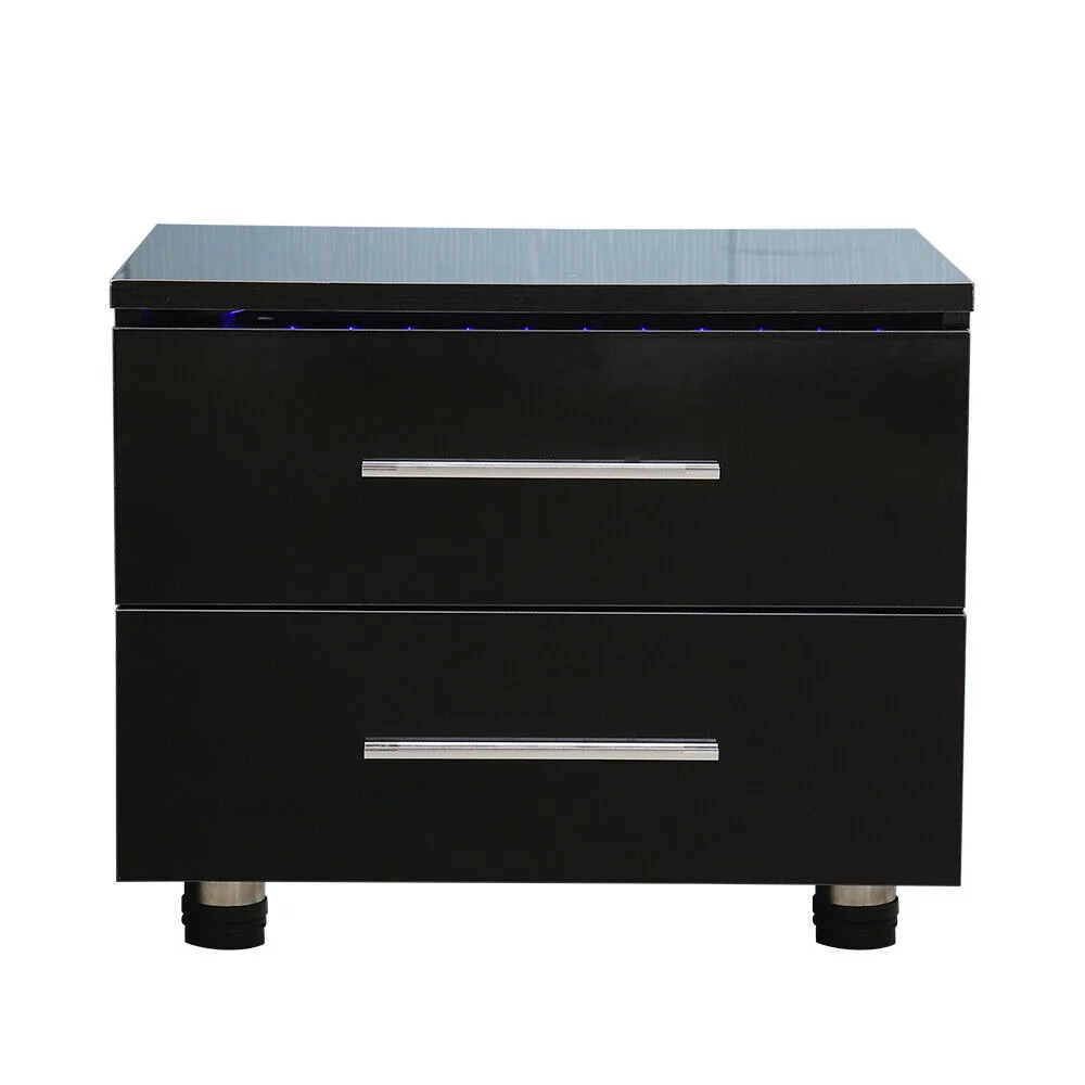 Modern High Gloss Nightstand 2 Drawers Bedside End Table Bedroom w/RGB LED Light