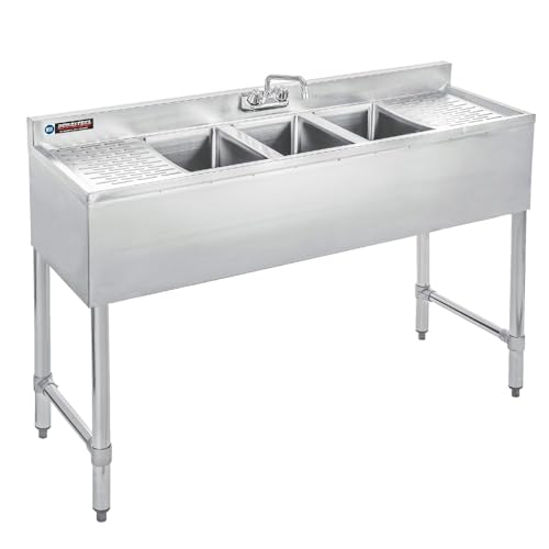 DuraSteel 3 Compartment Under Bar Sink - CEC & NSF 304 Stainless Steel 3 Bay Utility Sink with No Lead Faucet - 60