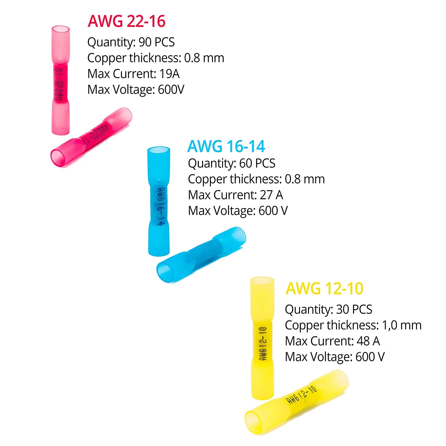 Wirefy 180 PCS Heat Shrink Butt Connectors Kit - Marine Grade Wire Butt Splice Connectors - Electrical, Waterproof - AWG Butt Connector Kit - AWG