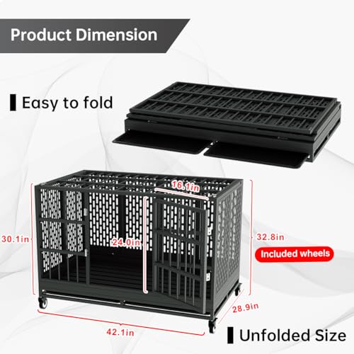 48/42/38 Inch Heavy Duty Dog Crate with Wheels, Folding Metal Big Dog Cage for Large and Medium Dogs, Extra Large XL XXL Indestructible Dog Crate with Removable Tray.