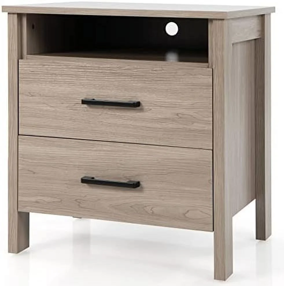 RUNFAYBIU Nightstand with 2 Drawers   Wooden End Side Tables with Open   and Cable Hole  Multifunctional 2-Drawer Night Stand  Farmhouse Bedside Tables for Bedroom Dorm  Oak