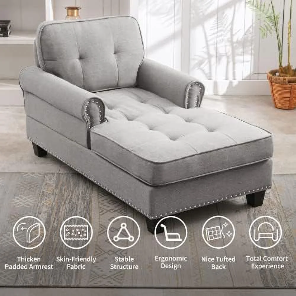 NLIBOOMLife Chaise Lounge Sofa Couch Linen Chaise Sofa Bed Bench with Tufted Back  Mid-Century Sleeper Sofa Chair Bed for Small Place/Apartment/Living Room/Office/Studio (Dark Gray)