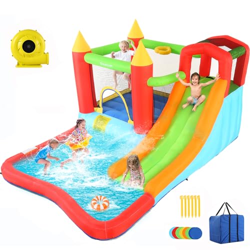 Bounce House with Ball Pit, Inflatable Bouncy House for Kids All in One Jumping Castle, Wide Slide, Ball Pool, Basketball Hoop, Dart Target, Blower Included for Indoor Outdoor Backyard Party