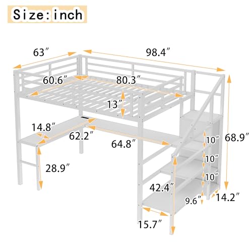 SOFTSEA Queen Size Loft Bed with LED Lights & USB Ports, Heavy Duty Metal Loft Bed with L Shaped Desk & Storage Stairs, Space Saving Gaming Bed with Storage Wardrobe for Kids Teens Adults, White