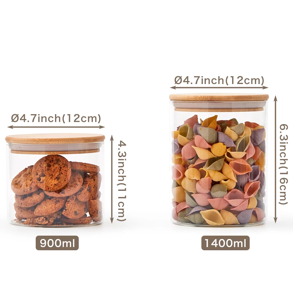 EZOWare Set of 6 Glass Food Jars with Airtight Natural Bamboo Lids, 30oz + 47oz Kitchen Clear Canister Storage Container Set for Storing Candy, Cookie, Rice, Sugar, Flour, Spices, Nuts, Coffee