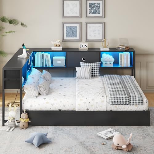 DICTAC Corner Full Bed Frame with Bookcase Storage and Led Lights Full Size Metal Platform Bed Frame with Storage Drawers & Charging Station Full Daybed for Living Room,Bedroom,Guest Room,Oak Gray