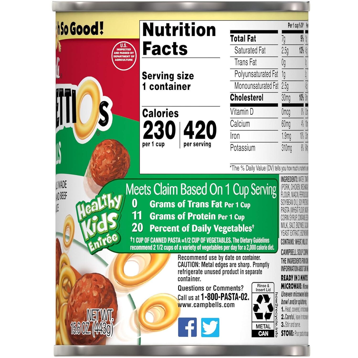 Campbell's SpaghettiOs Pasta with Meatballs, 15.6 Ounce Can