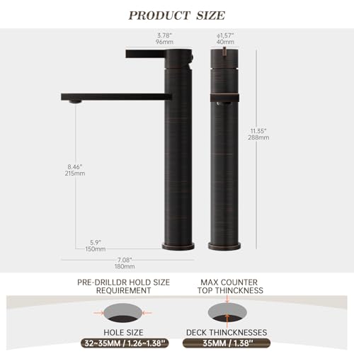 Phiestina Brushed Gold One Hole High Bathroom Vessel Sink Faucet, Single Hole Single Handle Tall Bathroom Faucet, with Pop Up Drain and Water Supply Line,FH01-BG-V