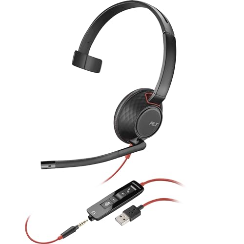 Poly Blackwire 5210 Wired Headset (Plantronics) Flexible Noise-Canceling Boom Mic Single-Ear Design - PC/Mac, Mobile via USB-C, USB-A, 3.5mm - Works w/Teams, Zoom - Amazon Exclusive (9P7X5AA)