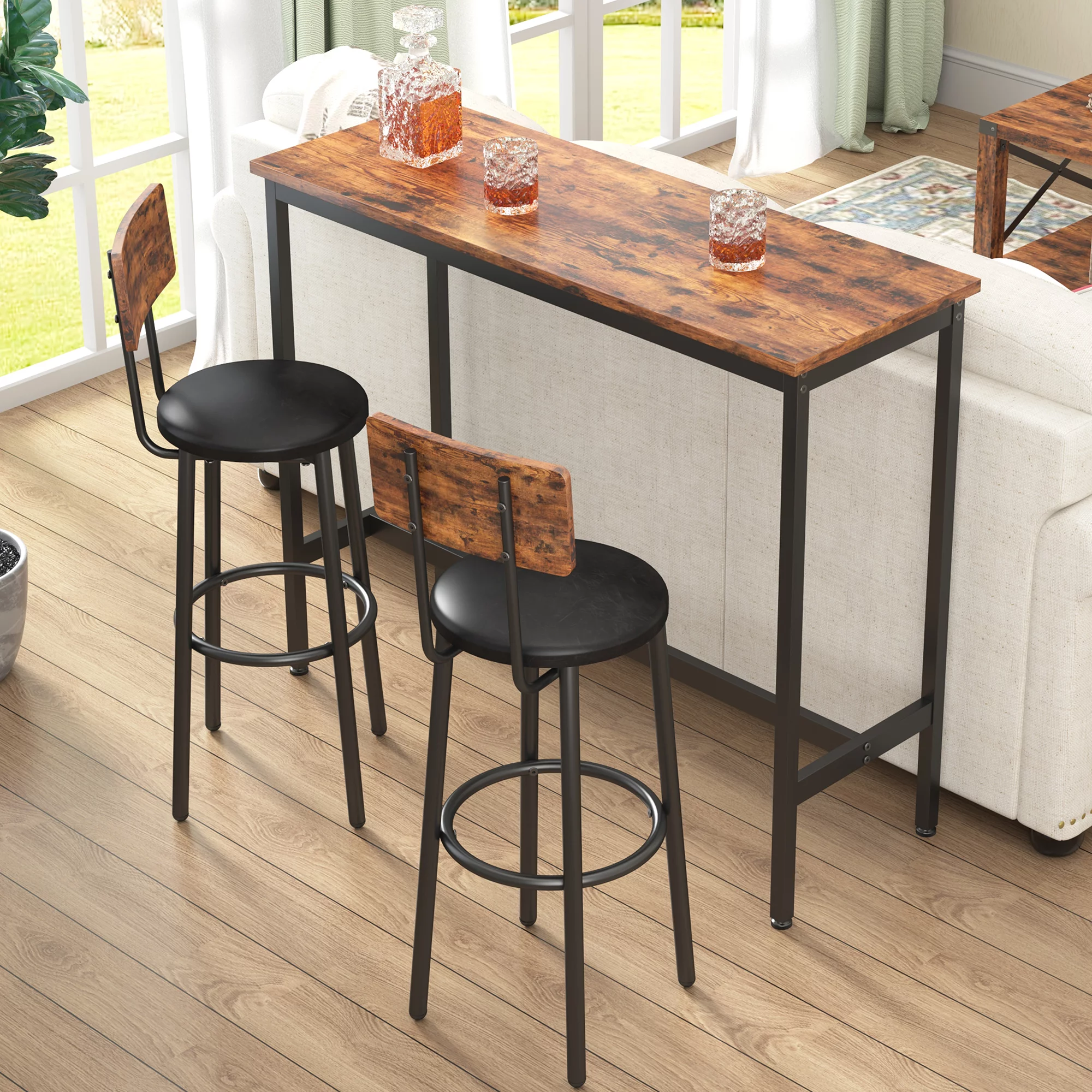 uhomepro 3 Pieces Bar Table Set, Modern Bar Table Set with 2 Stools, Home Kitchen Breakfast Table and Chairs Set Ideal for Pub, Living Room, Breakfast Nook, Easy to Assemble, Rustic Brown