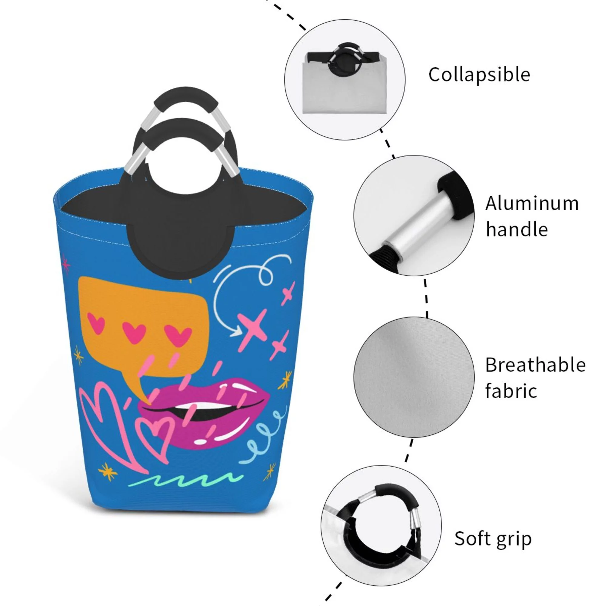 TEQUAN 50L Large Rectangular Laundry Hamper with Aluminum Handles, Love Heart Lips Fashion Symbol Prints Waterproof Foldable Dirty Clothes Basket