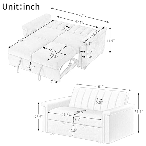 3 in 1 Convertible Sleeper Sofa Bed, Versatile Double Sofa with Pullout Bed with Adjustable Backrest, Futon Couch, Loveseat Sofa, Convertible Sofa, Recliner, Bed, for Living Room,Beige