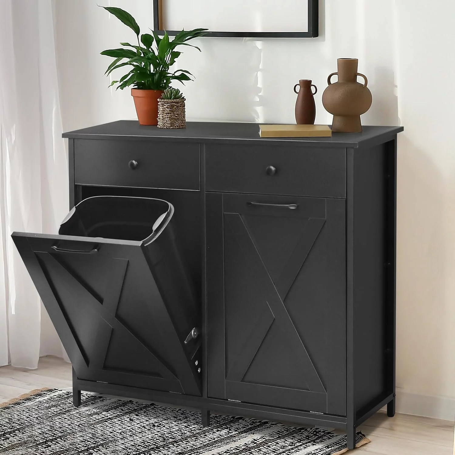 Arlopu Double Tilt Out Trash Cabinet Freestanding Kitchen Recycling Cabinet Garbage Can Holder with Drawers