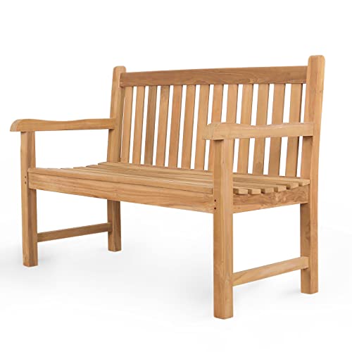 A-Grade Natural Teak Bench Whith one Table - Outdoor Garden Bench with Curved Backrest & Arch Armrest, Patio Bench - All-Weather 100% Solid Teak Wood 2-Person Park Bench for Yard, Lawn