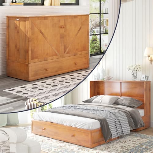 Queen Size Murphy Bed with Large Storage Drawer, Cabinet Bed with Folding Mattress, Murphy Cube Chest Bed with USB Charging Station and Foldable Tray Table - Gray