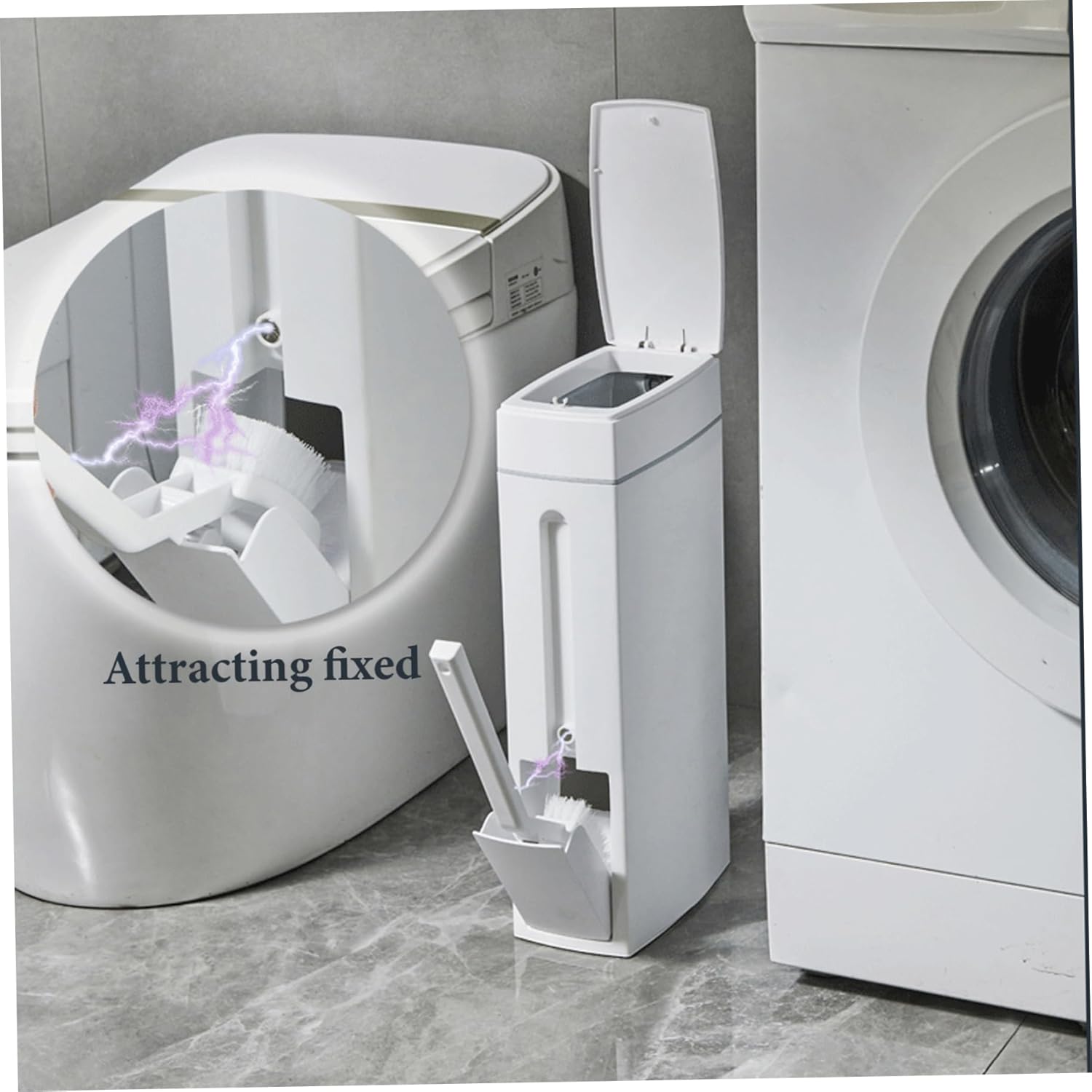 Bathroom Trash Can Set 16.5x8x4.3in 1.2-Gallon Slim Bathroom Bin with Toilet Brush Holder Press-Opening White Rectangular Toilet Trash Can Slim Trash Can with Lid Rubbish Bin Waste Paper Bin