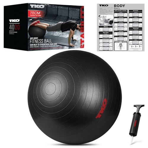 TKO Large Exercise Ball with Exercises & Pump - 65 or 74 cm Exercise Ball for Home Gym & Office Fitness - Professional-Grade Exercise Ball 65 or 75 cm for Stability, Balance & Core Strength