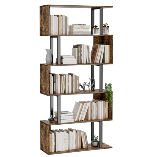 Gadroad 6 Tier Geometric Bookcase,S Shaped Bookshelf, Wood Decorative Storage Shelving, Modern Freestanding Display Shelves, Tall Book Shelf Unit for Living Room Bedroom, White