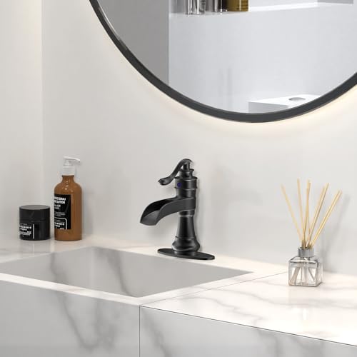 Vessel Sink Faucet, Oil Rubbed Bronze Black Bathroom Faucet, Farmhouse Waterfall Sink Faucet Single Hole with Pop Up Drain Assembly Without Overflow One Hole Mixer Tap Deck Mount