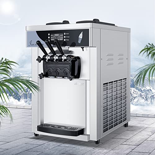 Commercial Ice Cream Maker, 1800W 3 Flavors Soft Serve Ice Cream Machine, 25L/H Yield 5.3 to 7.4Gallon per Hour PreCooling at Night Auto Clean LCD Panel for Restaurants Snack Bar, Sliver