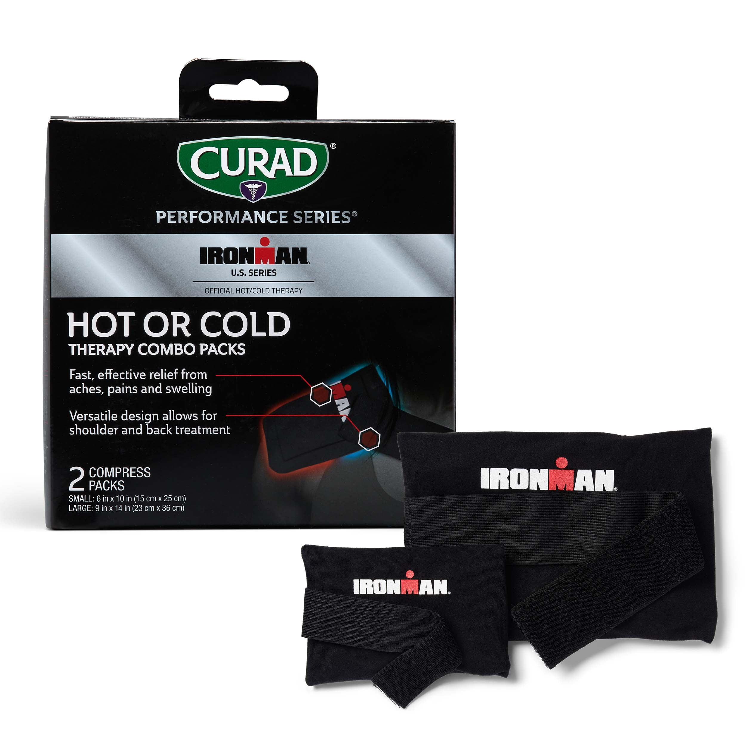Curad IRONMAN Hot or Cold Therapeutic Combo Packs with Wrap, Reusable Hot or Cold Compress Packs for Injuries, Includes Small and Large, 2 Count