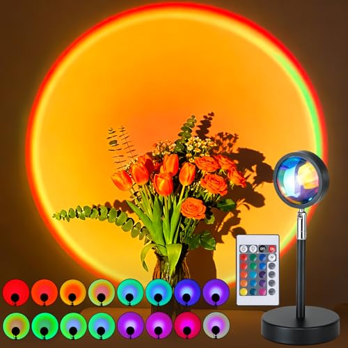 Balkwan Sunset Lamp Projection Rotation Rainbow Lamp Led Romantic Visual Led Light Network Red Light with USB Modern Floor Stand Night Light Living Room Bedroom Decor (Sunset Red)