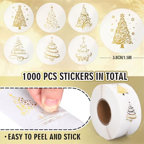 1000Pcs Clear Christmas Stickers Roll Gold Foil Xmas Tree Seal Stickers Self-Adhesive Label Decals for Holiday Envelope Invitations Cards Gift Decor, 6 Designs