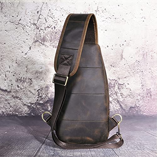Le'aokuu Men Fashion Casual Tea Designer Travel Hiking Crossbody Chest Sling Bag Rig One Shoulder Strap Bag Men Leather 8015