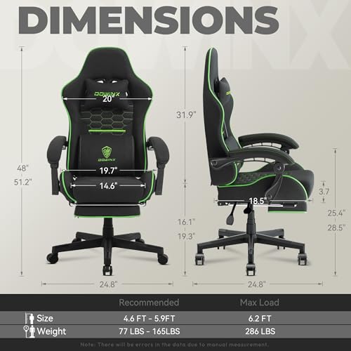 Dowinx Gaming Chair Fabric with Pocket Spring Cushion, Massage Game Chair Cloth with Headrest, Ergonomic Computer Chair with Footrest 290LBS, Black Green
