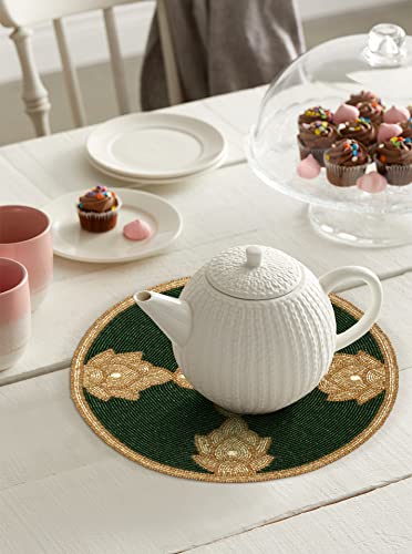 Handmade Green Gold Beaded Placemat 13 Inch Round - 1 Pack - Beautiful Elegant Decorative Table Mat for Dining Table Décor/Christmas/Farmhouse/Wedding/New Year/Party/Birthday