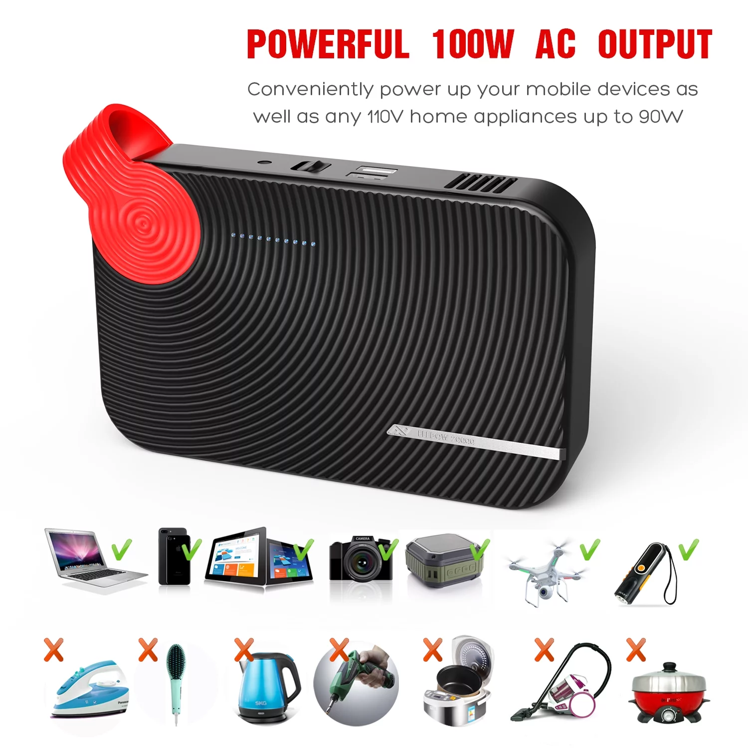 FlePow AC Power Bank Laptop Battery Pack - 20000mAh High Capacity 100W/110V(Max) AC Outlet Portable Travel Charger with 2 USB Ports for MacBook, MacBook Pro, Laptops, Smartphones, Cameras