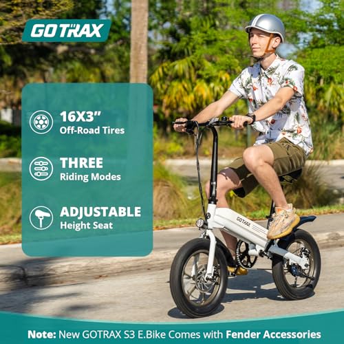 Gotrax S3 Electric Bike, 16x3.0 Fat Tire Electric Bicycle Adults, 750W Peak Motor, Max Range 25 Miles, Up to 20 Mph, Removable Battery, Adjustable Seat, Folding Electric Bike for Adults/Teens 13+