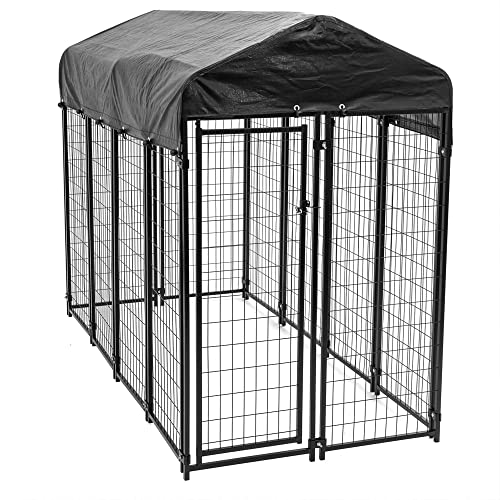 Stay Series 4 by 4 by 4.3 Feet Studio Jr. Black Powder Coat Steel Frame Outdoor Dog Kennel with Waterproof Canopy Roof and Gate Door, Khaki