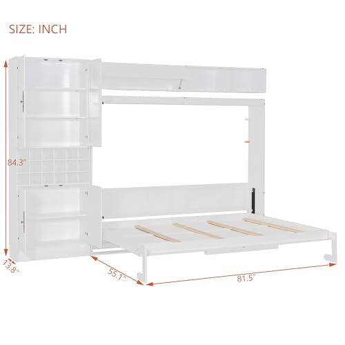 P PURLOVE Queen Murphy Bed with Sofa and Shelves, Wooden Wall Bed with USB and Light, No Box Spring Needed (White)