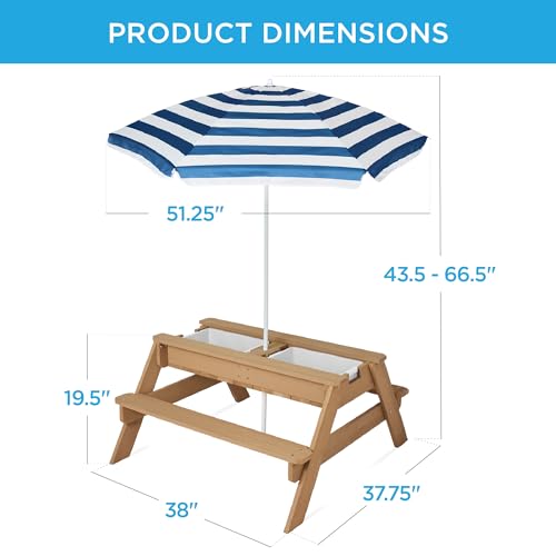 Best Choice Products Kids 3-in-1 Sand & Water Table, Wood Outdoor Convertible Picnic Table w/Umbrella, 2 Trays, Removable Top, 220lb Capacity Per Bench - Navy