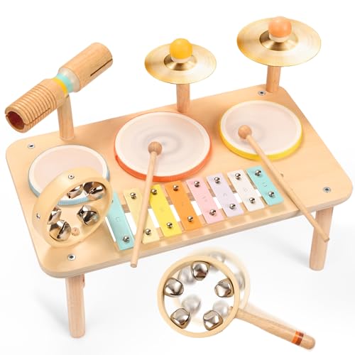 WINGYZ Kids Drum Set – 10-in-1 Montessori Toys for 1-3 Year Old & Wooden Musical Instruments for Toddlers, Baby Musical Toys with Drums, Xylophone, Cymbals, Bell & Tone Block, Gift for 1-3 Boys Girls
