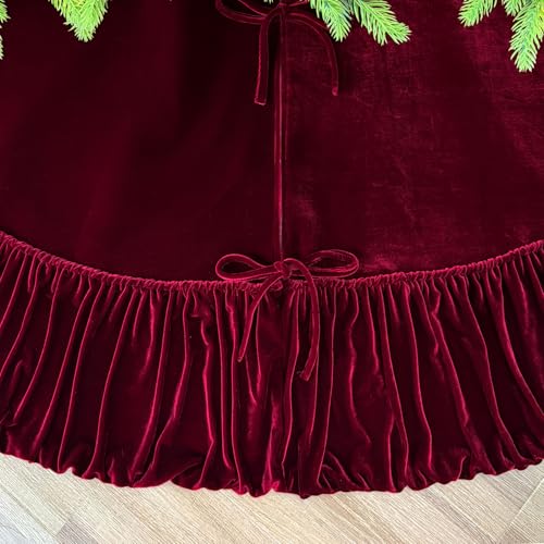 60-Inch Ruffled Velvet Christmas Tree Skirt with Foam Padding, Nylon Backing and Lace-Up Tie Closure, Burgundy