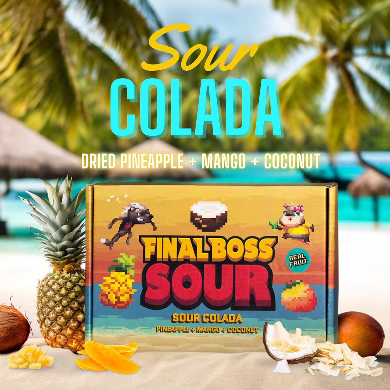 Final Boss Extremely Super Sour Candy, Natural Chewy Dried Pina Colada Gummies Made with Dried Fruit, Low Calorie Healthy Snack for Kids & Adults, 3.50oz, 4 Pack