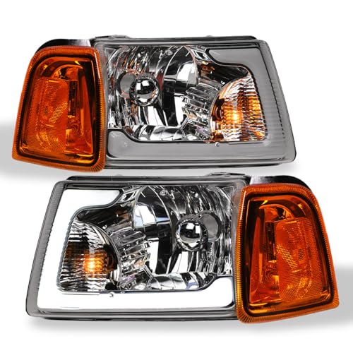 7422448582543 Compatible With 2001-2011 Ford Ranger Switchback Sequential LED Strip Bar Black Housing Headlights With Signal Corner Lamps Amber Reflector 4-Pieces Design