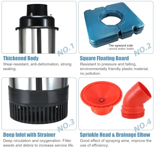 Pond Fountain Aerator, F2-2 1HP 750W 110V Stainless Steel Floating Fountain With 100 Feet Power Cord, Aerating Fountain Pond Cascade Pump for Small Large Ponds Lake Jet System