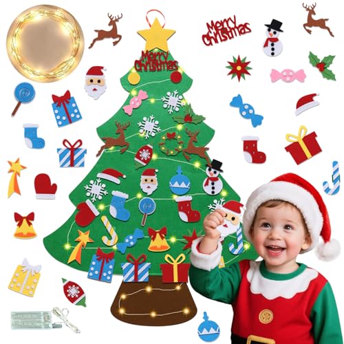 DIY Felt Christmas Tree Set with Ornaments for Kids, Wall Hanging Velcro Tree for Christmas Decorations with 34 Detachable Ornament 3ft(Green Christmas Tree)